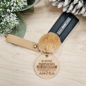 SPANISH MOTIVATION Laser Engraved Charm with Keychain Wristlet & Puff